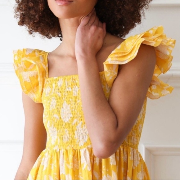 MILLE Bea Yellow and white Ruffle Sleeve Smocked Bodice Mini Dress Women’s Small - Picture 3 of 11